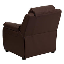 Load image into Gallery viewer, Deluxe Padded Contemporary Brown LeatherSoft Kids Recliner with Storage Arms
