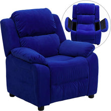 Load image into Gallery viewer, Deluxe Padded Contemporary Blue Microfiber Kids Recliner with Storage Arms
