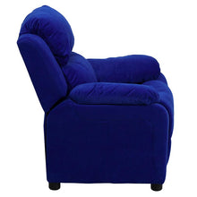 Load image into Gallery viewer, Deluxe Padded Contemporary Blue Microfiber Kids Recliner with Storage Arms
