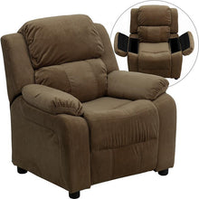 Load image into Gallery viewer, Deluxe Padded Contemporary Brown Microfiber Kids Recliner with Storage Arms
