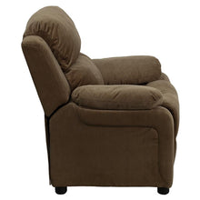 Load image into Gallery viewer, Deluxe Padded Contemporary Brown Microfiber Kids Recliner with Storage Arms
