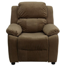 Load image into Gallery viewer, Deluxe Padded Contemporary Brown Microfiber Kids Recliner with Storage Arms
