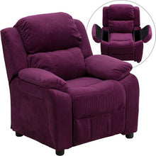 Load image into Gallery viewer, Deluxe Padded Contemporary Purple Microfiber Kids Recliner with Storage Arms
