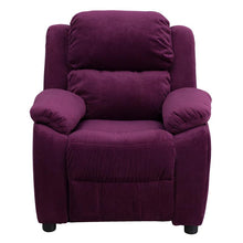 Load image into Gallery viewer, Deluxe Padded Contemporary Purple Microfiber Kids Recliner with Storage Arms
