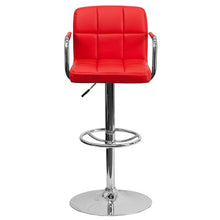 Load image into Gallery viewer, Red Quilted Vinyl Adjustable Height Barstool with Arms and Chrome Base
