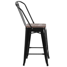 Load image into Gallery viewer, 24" High Black Metal Counter Height Stool with Back and Wood Seat
