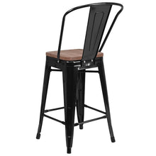 Load image into Gallery viewer, 24" High Black Metal Counter Height Stool with Back and Wood Seat
