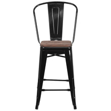 Load image into Gallery viewer, 24" High Black Metal Counter Height Stool with Back and Wood Seat
