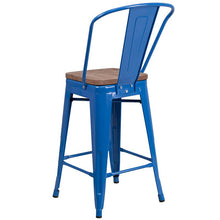 Load image into Gallery viewer, 24" High Blue Metal Counter Height Stool with Back and Wood Seat
