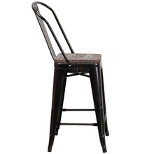 Load image into Gallery viewer, 24" High Black-Antique Gold Metal Counter Height Stool with Back and Wood Seat

