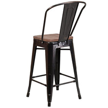 Load image into Gallery viewer, 24" High Black-Antique Gold Metal Counter Height Stool with Back and Wood Seat
