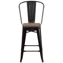 Load image into Gallery viewer, 24" High Black-Antique Gold Metal Counter Height Stool with Back and Wood Seat
