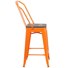 Load image into Gallery viewer, 24" High Orange Metal Counter Height Stool with Back and Wood Seat
