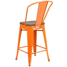 Load image into Gallery viewer, 24" High Orange Metal Counter Height Stool with Back and Wood Seat

