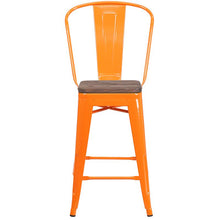 Load image into Gallery viewer, 24" High Orange Metal Counter Height Stool with Back and Wood Seat
