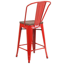 Load image into Gallery viewer, 24" High Red Metal Counter Height Stool with Back and Wood Seat
