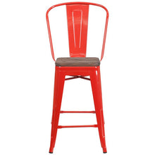 Load image into Gallery viewer, 24" High Red Metal Counter Height Stool with Back and Wood Seat
