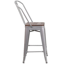 Load image into Gallery viewer, 24" High Silver Metal Counter Height Stool with Back and Wood Seat
