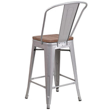 Load image into Gallery viewer, 24" High Silver Metal Counter Height Stool with Back and Wood Seat
