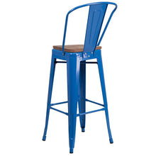 Load image into Gallery viewer, 30" High Blue Metal Barstool with Back and Wood Seat
