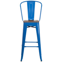 Load image into Gallery viewer, 30" High Blue Metal Barstool with Back and Wood Seat
