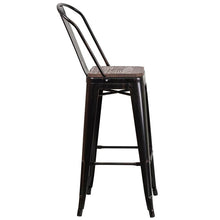 Load image into Gallery viewer, 30" High Black-Antique Gold Metal Barstool with Back and Wood Seat
