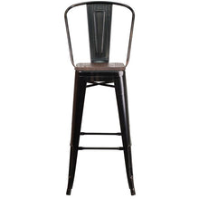 Load image into Gallery viewer, 30" High Black-Antique Gold Metal Barstool with Back and Wood Seat

