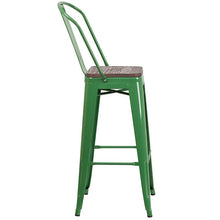 Load image into Gallery viewer, 30" High Green Metal Barstool with Back and Wood Seat
