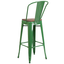 Load image into Gallery viewer, 30" High Green Metal Barstool with Back and Wood Seat
