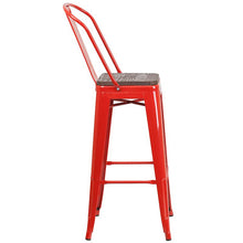 Load image into Gallery viewer, 30" High Red Metal Barstool with Back and Wood Seat
