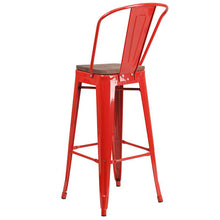 Load image into Gallery viewer, 30" High Red Metal Barstool with Back and Wood Seat
