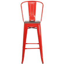 Load image into Gallery viewer, 30" High Red Metal Barstool with Back and Wood Seat
