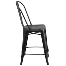 Load image into Gallery viewer, 24" High Distressed Black Metal Indoor-Outdoor Counter Height Stool with Back
