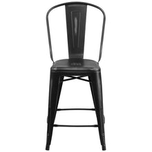 Load image into Gallery viewer, 24" High Distressed Black Metal Indoor-Outdoor Counter Height Stool with Back
