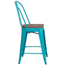 Load image into Gallery viewer, 24" High Crystal Teal-Blue Metal Counter Height Stool with Back and Wood Seat
