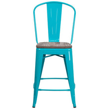 Load image into Gallery viewer, 24" High Crystal Teal-Blue Metal Counter Height Stool with Back and Wood Seat

