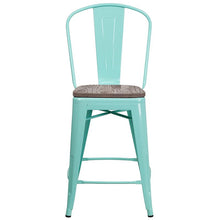 Load image into Gallery viewer, 24" High Mint Green Metal Counter Height Stool with Back and Wood Seat
