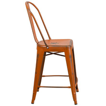 Load image into Gallery viewer, 24" High Distressed Orange Metal Indoor-Outdoor Counter Height Stool with Back

