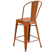 Load image into Gallery viewer, 24" High Distressed Orange Metal Indoor-Outdoor Counter Height Stool with Back
