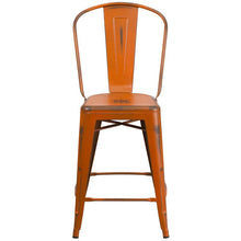 Load image into Gallery viewer, 24" High Distressed Orange Metal Indoor-Outdoor Counter Height Stool with Back
