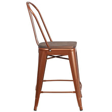 Load image into Gallery viewer, 24" High Copper Metal Counter Height Stool with Back and Wood Seat
