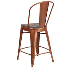 Load image into Gallery viewer, 24" High Copper Metal Counter Height Stool with Back and Wood Seat
