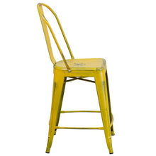 Load image into Gallery viewer, 24" High Distressed Yellow Metal Indoor-Outdoor Counter Height Stool with Back
