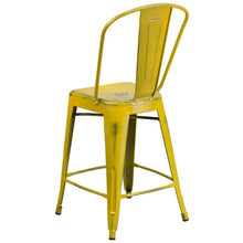 Load image into Gallery viewer, 24" High Distressed Yellow Metal Indoor-Outdoor Counter Height Stool with Back
