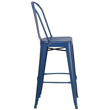 Load image into Gallery viewer, 30" High Distressed Antique Blue Metal Indoor-Outdoor Barstool with Back
