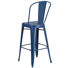 Load image into Gallery viewer, 30" High Distressed Antique Blue Metal Indoor-Outdoor Barstool with Back
