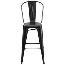 Load image into Gallery viewer, 30" High Distressed Black Metal Indoor-Outdoor Barstool with Back
