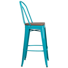 Load image into Gallery viewer, 30" High Crystal Teal-Blue Metal Barstool with Back and Wood Seat
