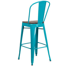 Load image into Gallery viewer, 30" High Crystal Teal-Blue Metal Barstool with Back and Wood Seat
