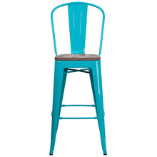 Load image into Gallery viewer, 30" High Crystal Teal-Blue Metal Barstool with Back and Wood Seat
